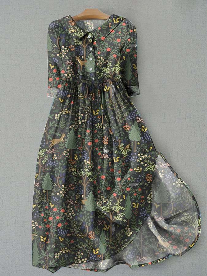 Women's Casual Forest Animal Plant Flower Cotton And Linen Dress