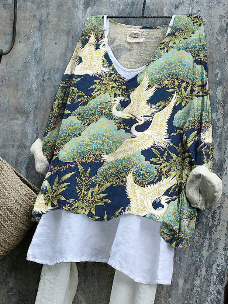 Crane & Pine Japanese Pattern V-Neck Loose Top