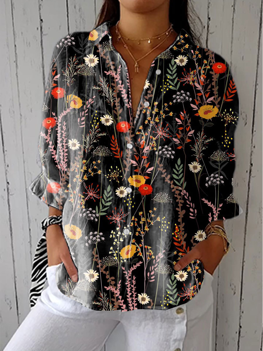 Women's Vintage Flower Art Print Casual Linen V-neck Shirt