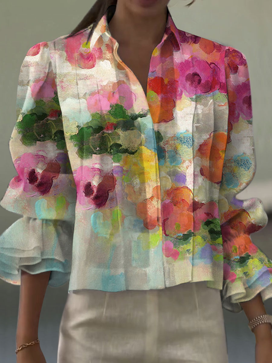 Women's Vintage Flower Art Print Casual Short Sleeve Cotton And Linen Shirt