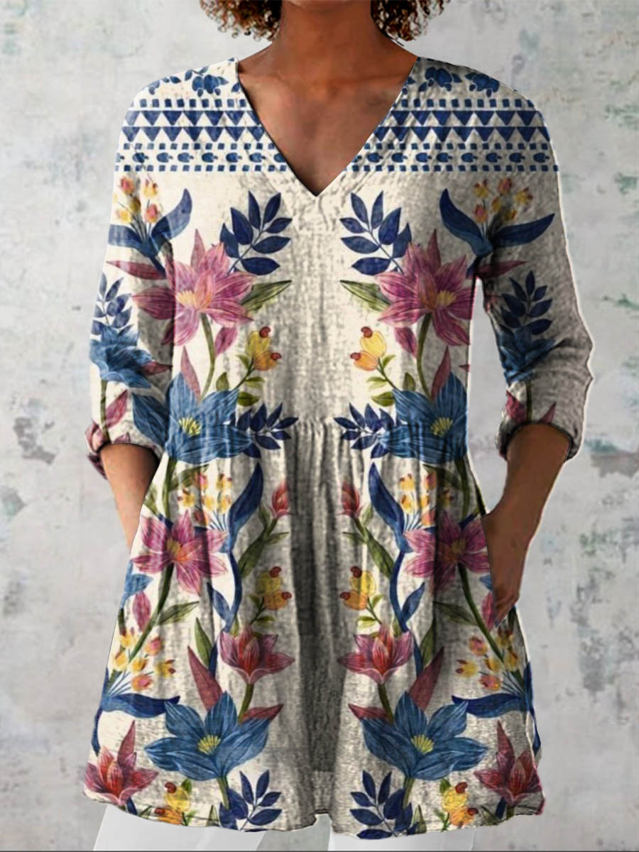 Women's Vintage Lovely Floral Art Print Casual Linen V-neck Shirt