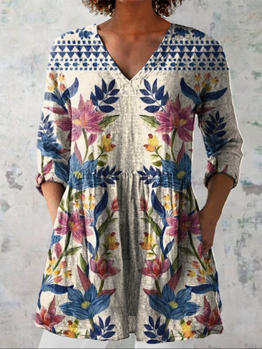 Women's Vintage Lovely Floral Art Print Casual Linen V-neck Shirt