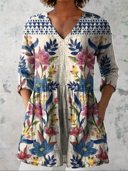 Women's Vintage Lovely Floral Art Print Casual Linen V-neck Shirt