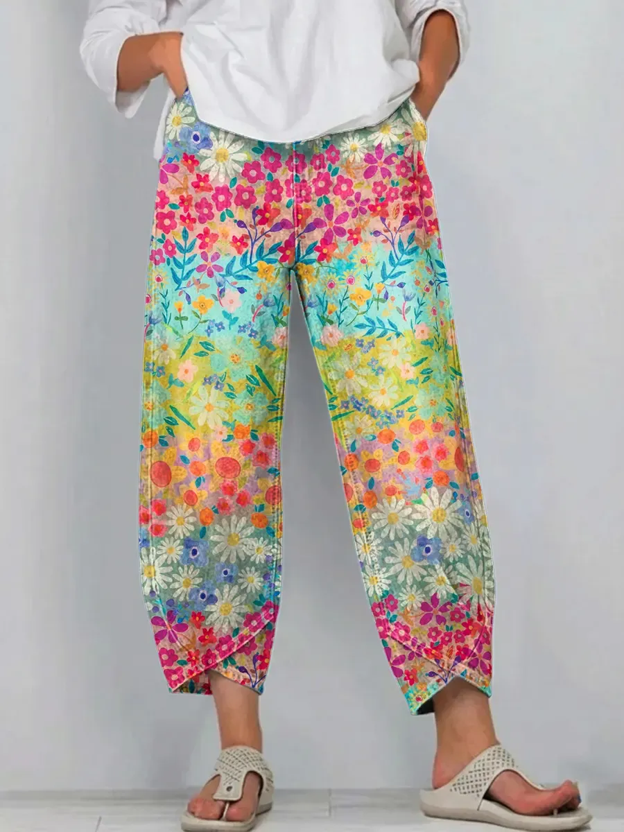 Ethnicity Colorful Flowers Women's Art Pattern Print Casual Denim Cotton Pants