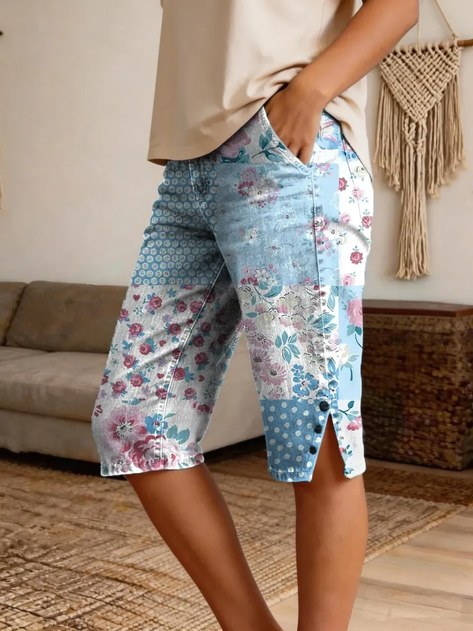 Women's Retro Patchwork Floral Art Print Casual Denim Shorts