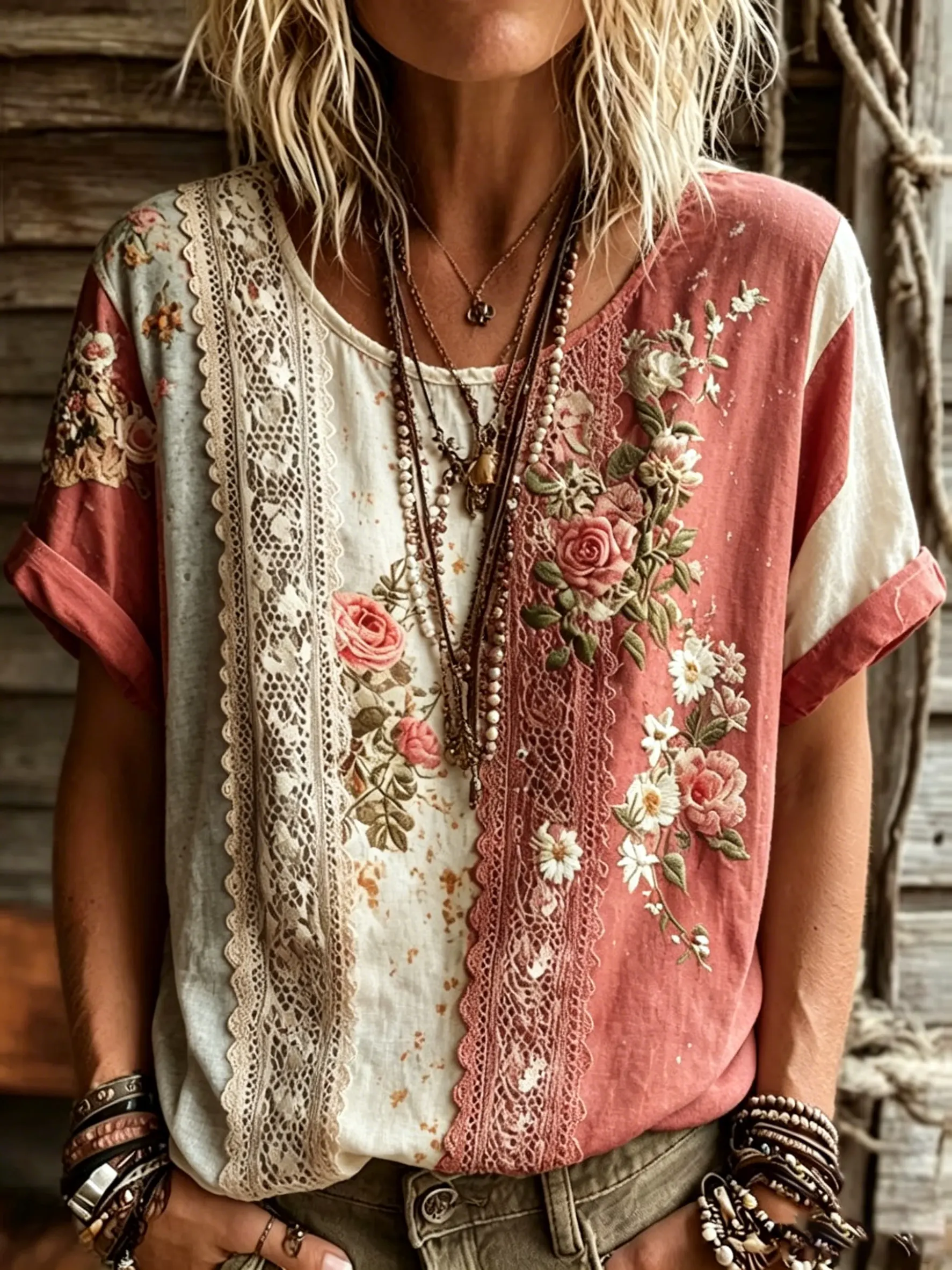 Women's Floral Lace Patchwork Cotton Blouse