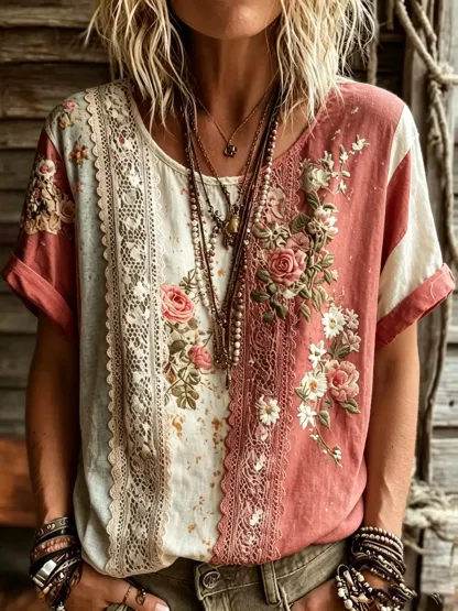 Women's Floral Lace Patchwork Cotton Blouse