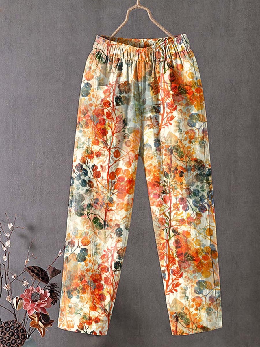 Women's Vintage Floral Art Printed Cotton And Linen Casual Pants
