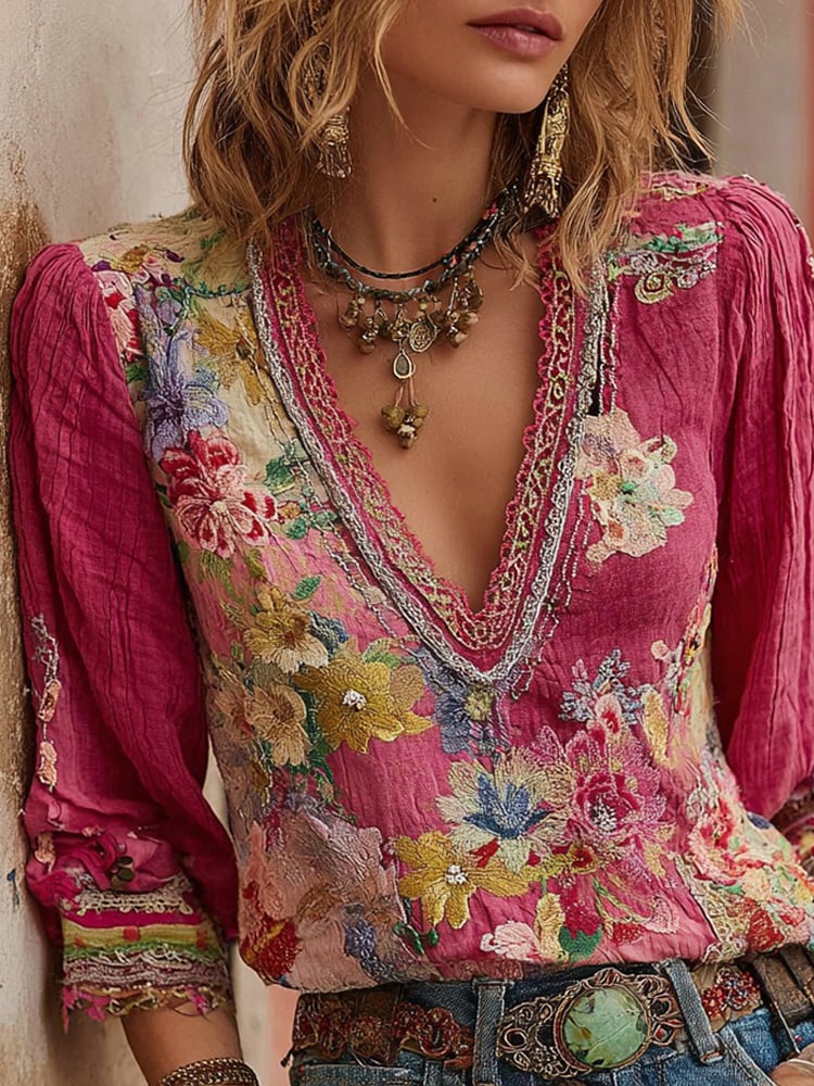 Women's Vintage Pink Floral Art V-Neck Linen Blend T-Shirt