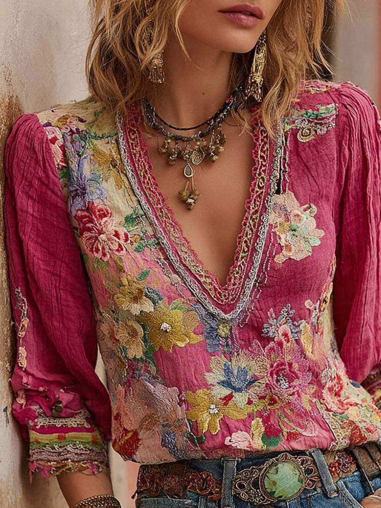 Women's Vintage Pink Floral Art V-Neck Linen Blend T-Shirt