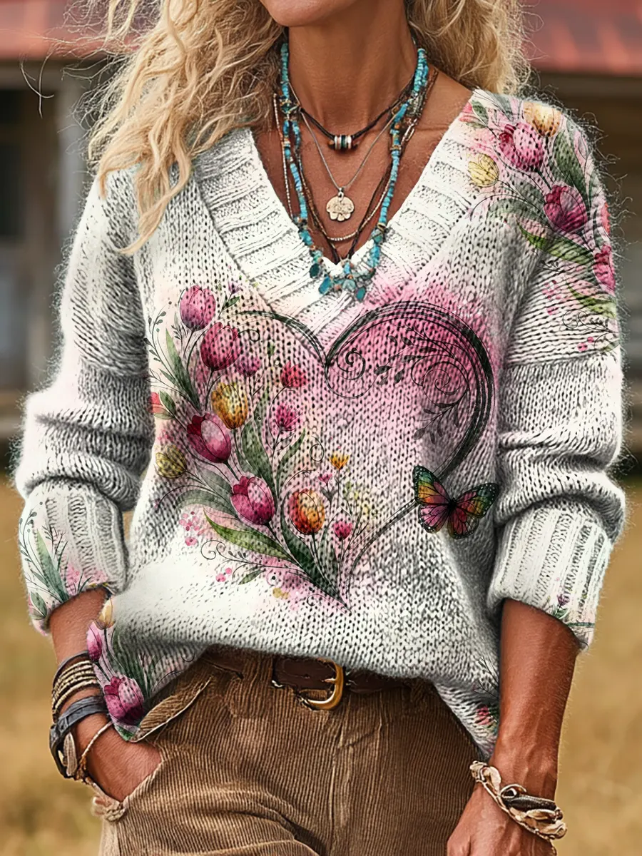 Women's Vintage Floral Heart Pattern Art Print Comfortable V-neck Knit Sweater