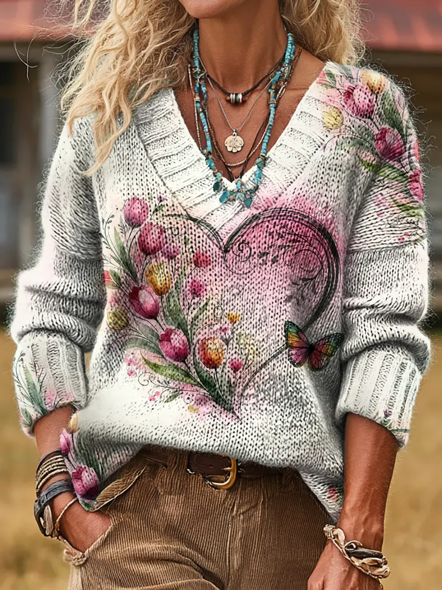 Women's Vintage Floral Heart Pattern Art Print Comfortable V-neck Knit