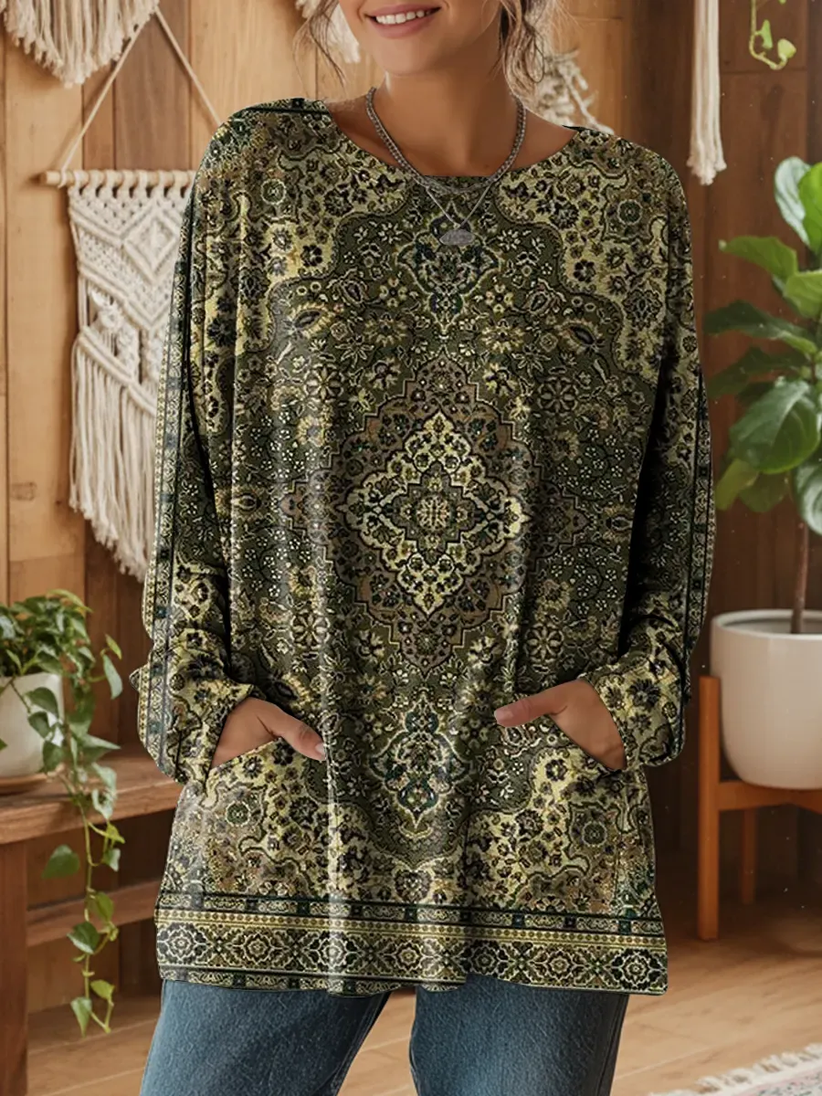 Ethnicity Green Geometry Totem Women's Print Casual Long Sleeve T-shir