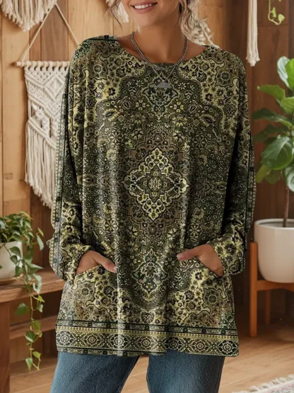 Ethnicity Green Geometry Totem Women's Print Casual Long Sleeve T-shirt