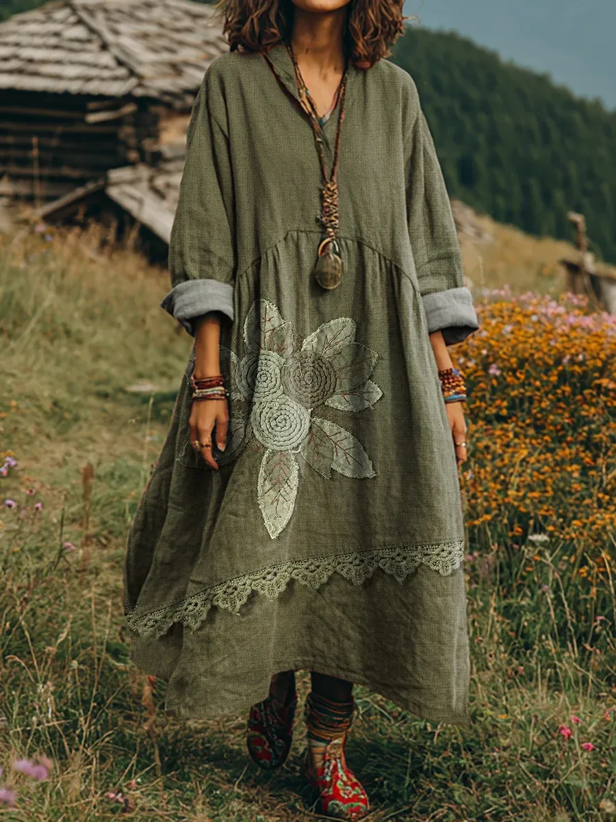 Women's Vintage Floral Textured Art Print Cotton Long-sleeved Dress Wi