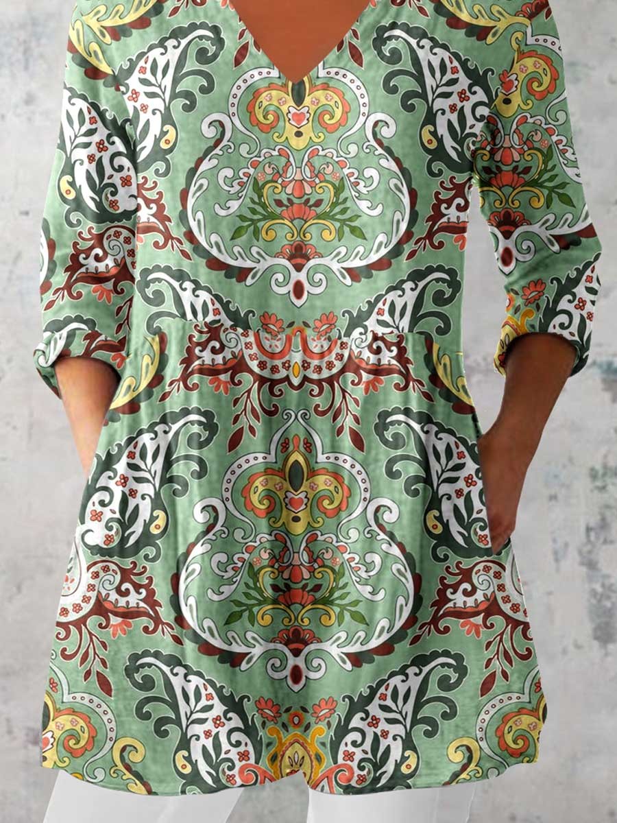 Women's Classic Retro Round Neck Floral Pattern Cotton and Linen Top