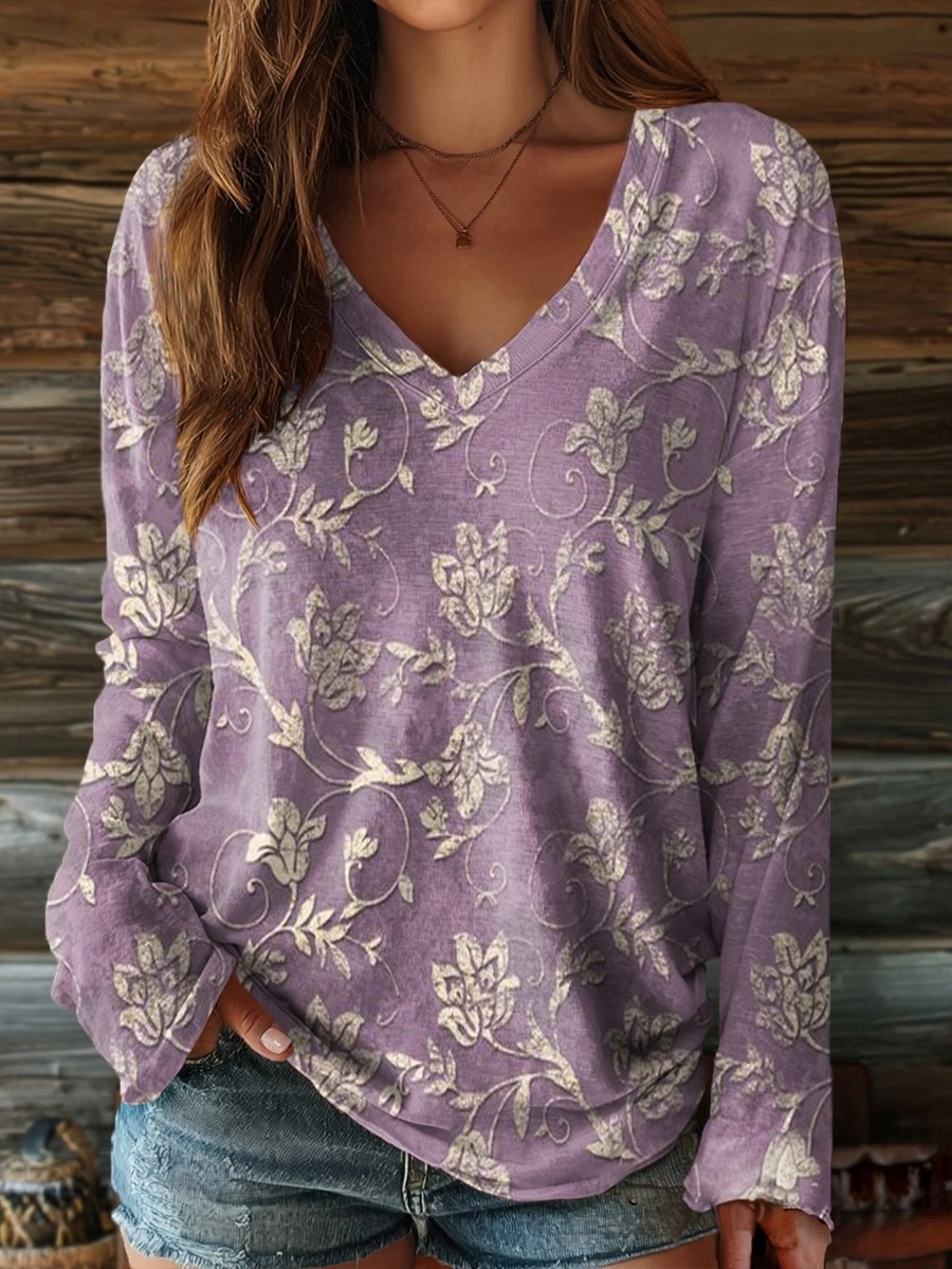 Women's Vintage Floral Art Pattern Print Casual V-neck Long Sleeve T-shirt