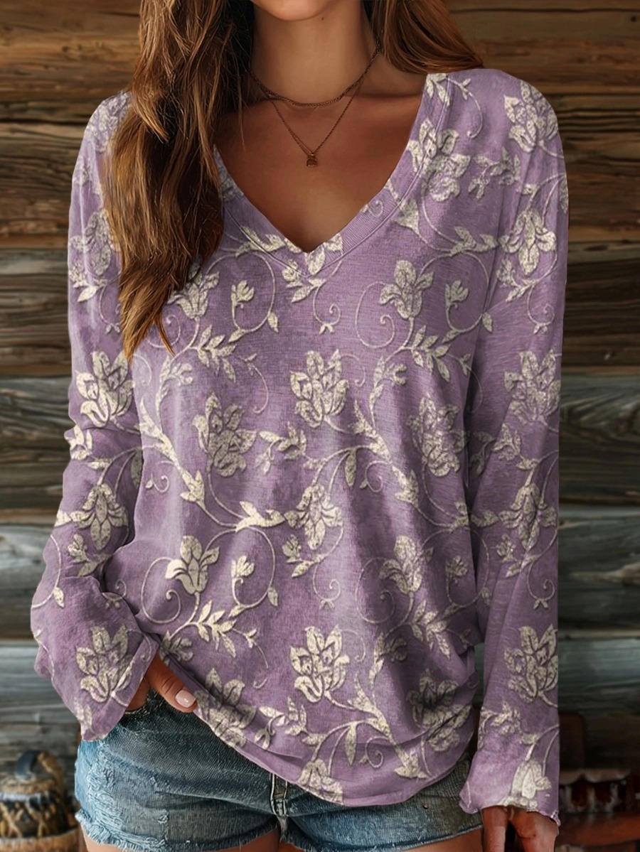 Women's Vintage Floral Art Pattern Print Casual V-neck Long Sleeve T-s