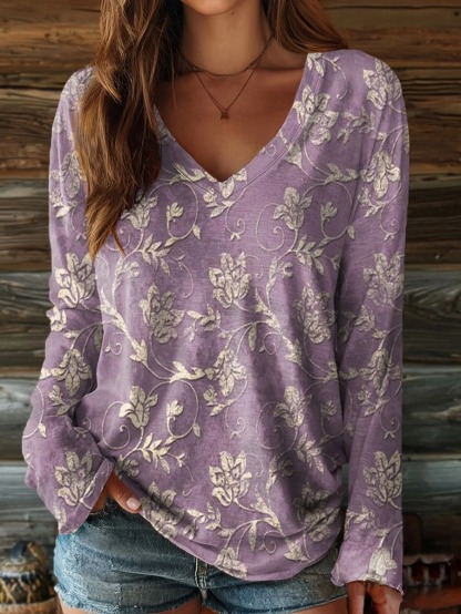 Women's Vintage Floral Art Pattern Print Casual V-neck Long Sleeve T-shirt
