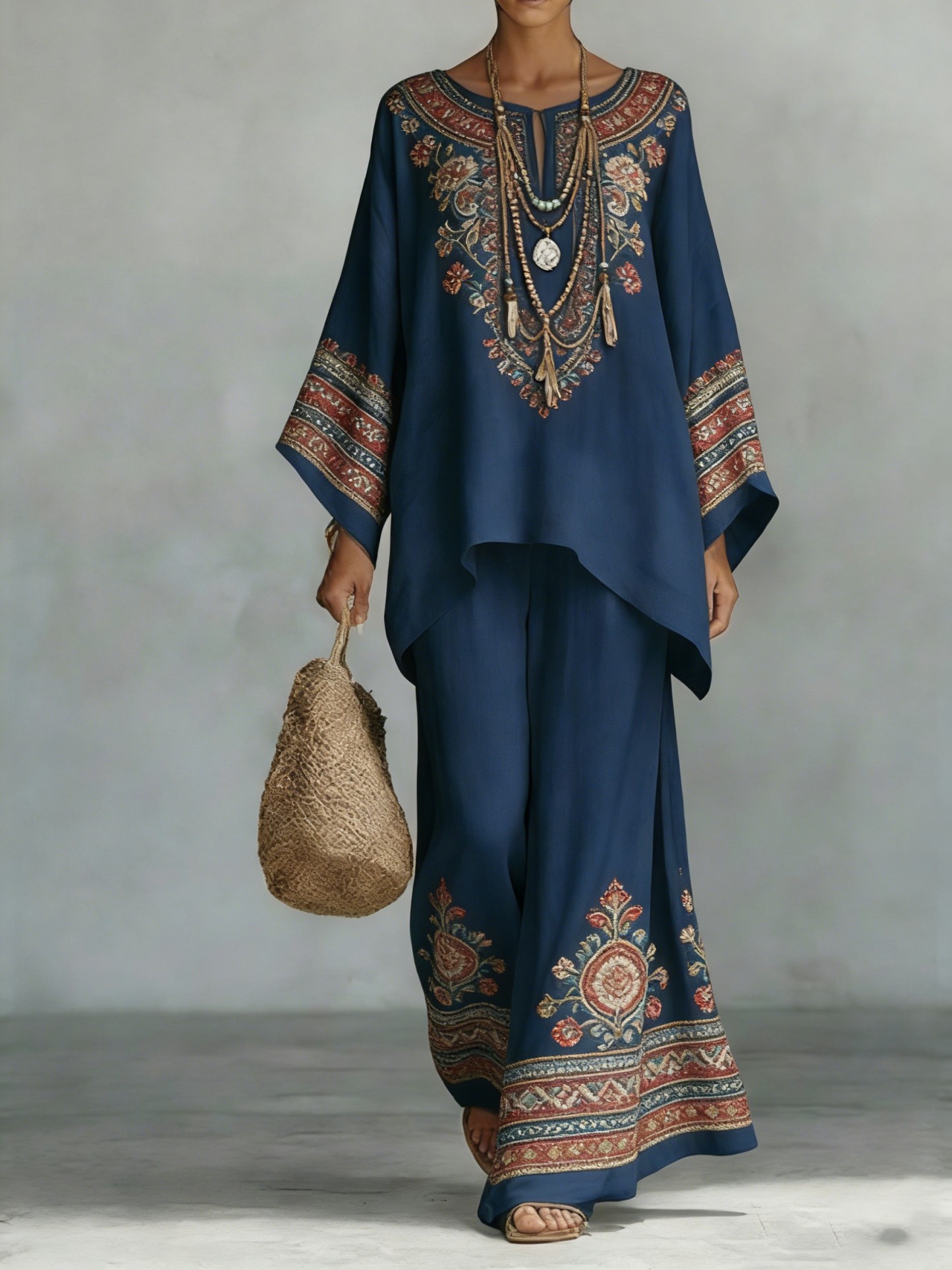 Women's Comfortable and loose print pattern cotton and linen wide-leg pants two-piece set