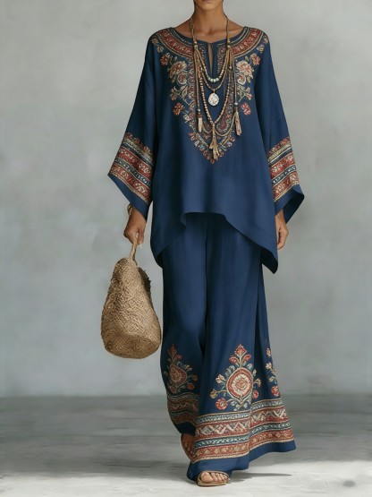 Women's Comfortable and loose print pattern cotton and linen wide-leg pants two-piece set