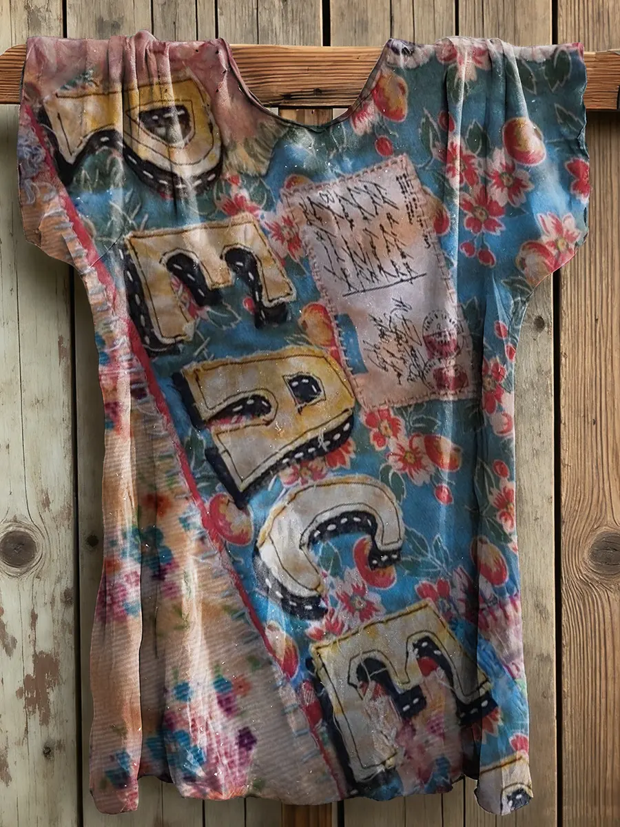 Women's Hippie Peace Floral Art Print Crew Neck Cotton T-Shirt