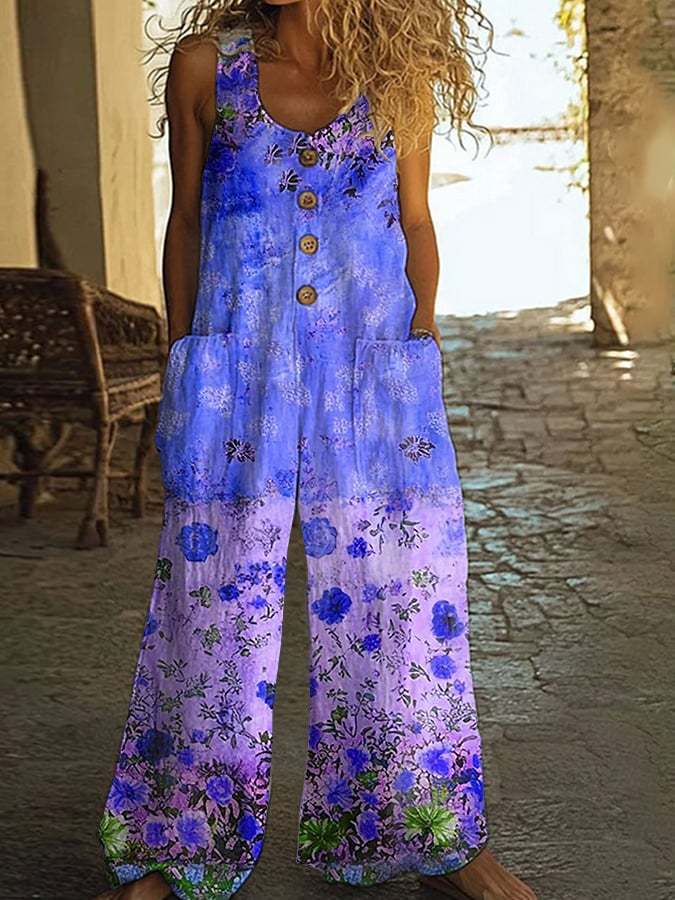 Women's Casual Retro Plant Patchwork Floral Jumpsuit