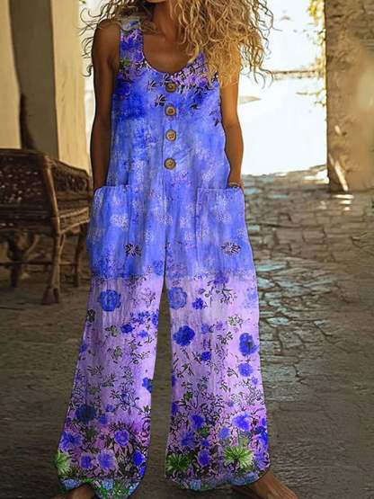 Women's Casual Retro Plant Patchwork Floral Jumpsuit
