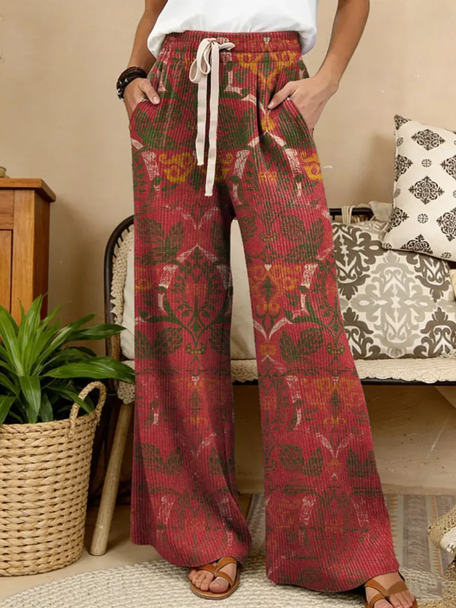 Women's Retro Ethnic Floral Art Print Comfortable Drawstring Knit Trou