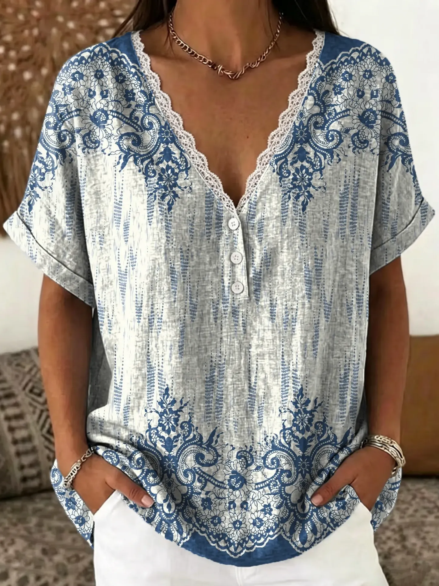 Women's Floral-Print Artistic Lace-Trimmed Casual V-Neck Short-Sleeve Top