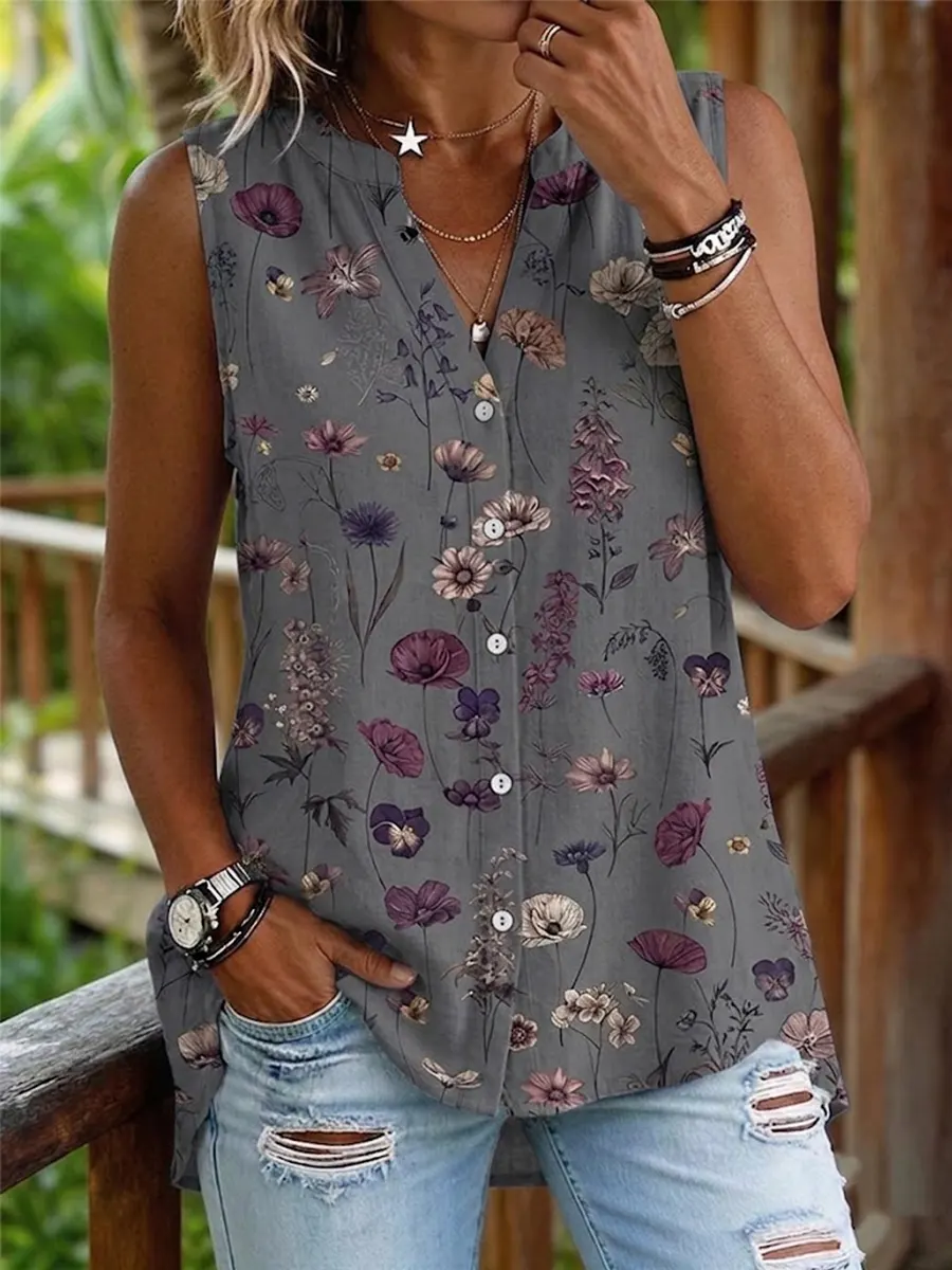 Vintage Flowers Women's Art Print Casual Cotton And Linen Tank Top
