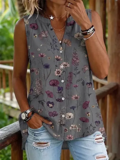 Vintage Flowers Women's Art Print Casual Cotton And Linen Tank Top