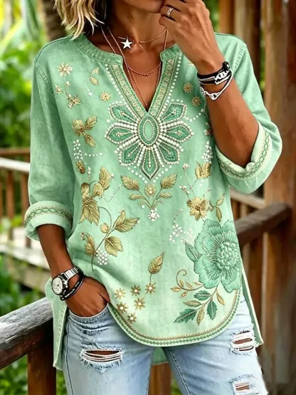Women'S Vintage Floral Print Casual V-Neck Shirt