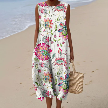 Women's Vintage Floral Art Print Sleeveless Cotton Pocket Wrap Dress