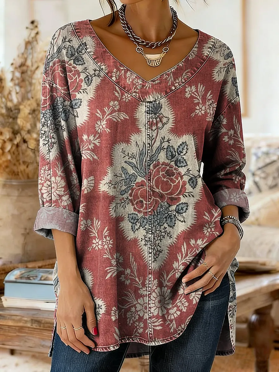 Women's Floral Art Print Casual Washed Denim Cotton Top