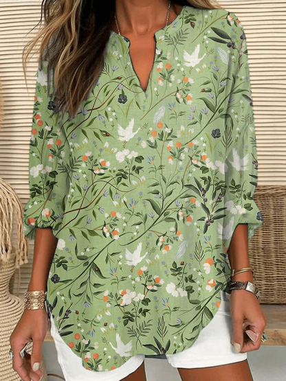 Women's Forest Plant Floral Print Casual Long Sleeve V Neck Shirt
