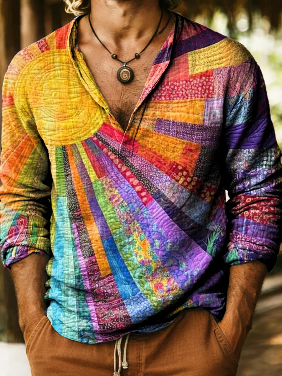 Vintage Sun Patchwork Art Print Cotton And Linen Casual Shirt