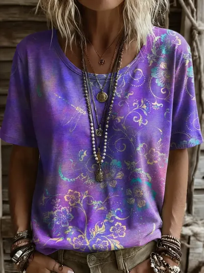Women's Retro Dragonfly Floral Print Artistic Print Round-neck Short-sleeve T-shirt