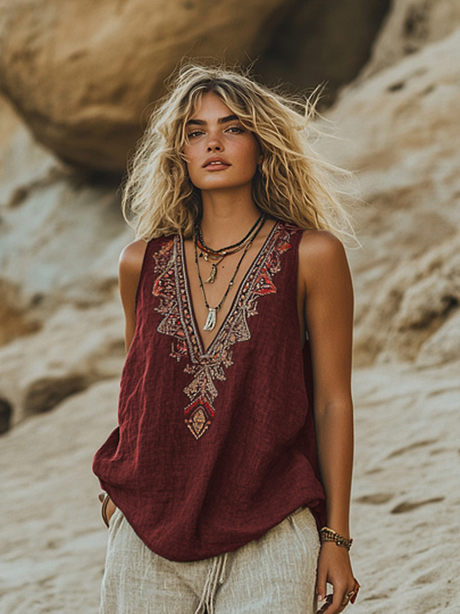 Women's Retro Bohemia Ethnic Style Linen V-neek Sleeveless Top