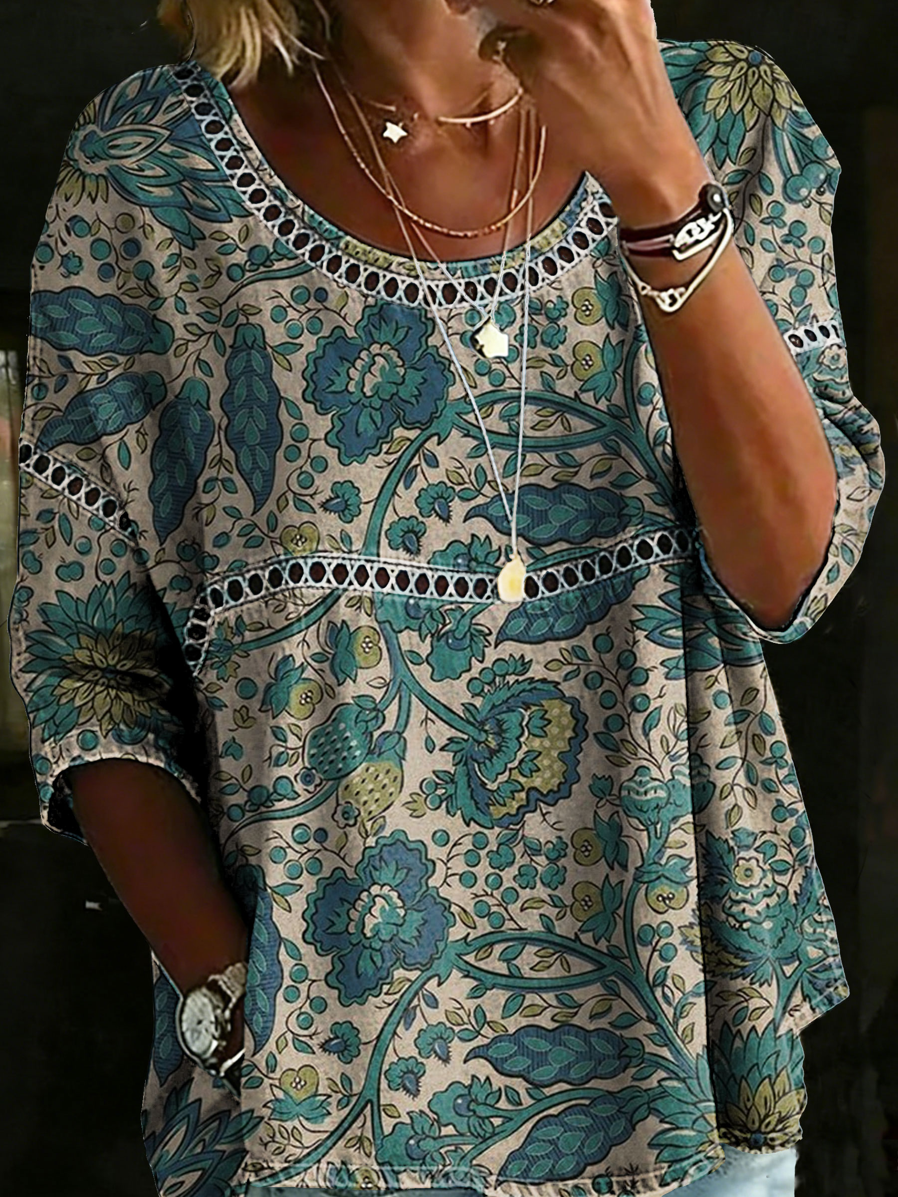 Women's Vintage Floral Casual Loose Denim Blouse Shirt