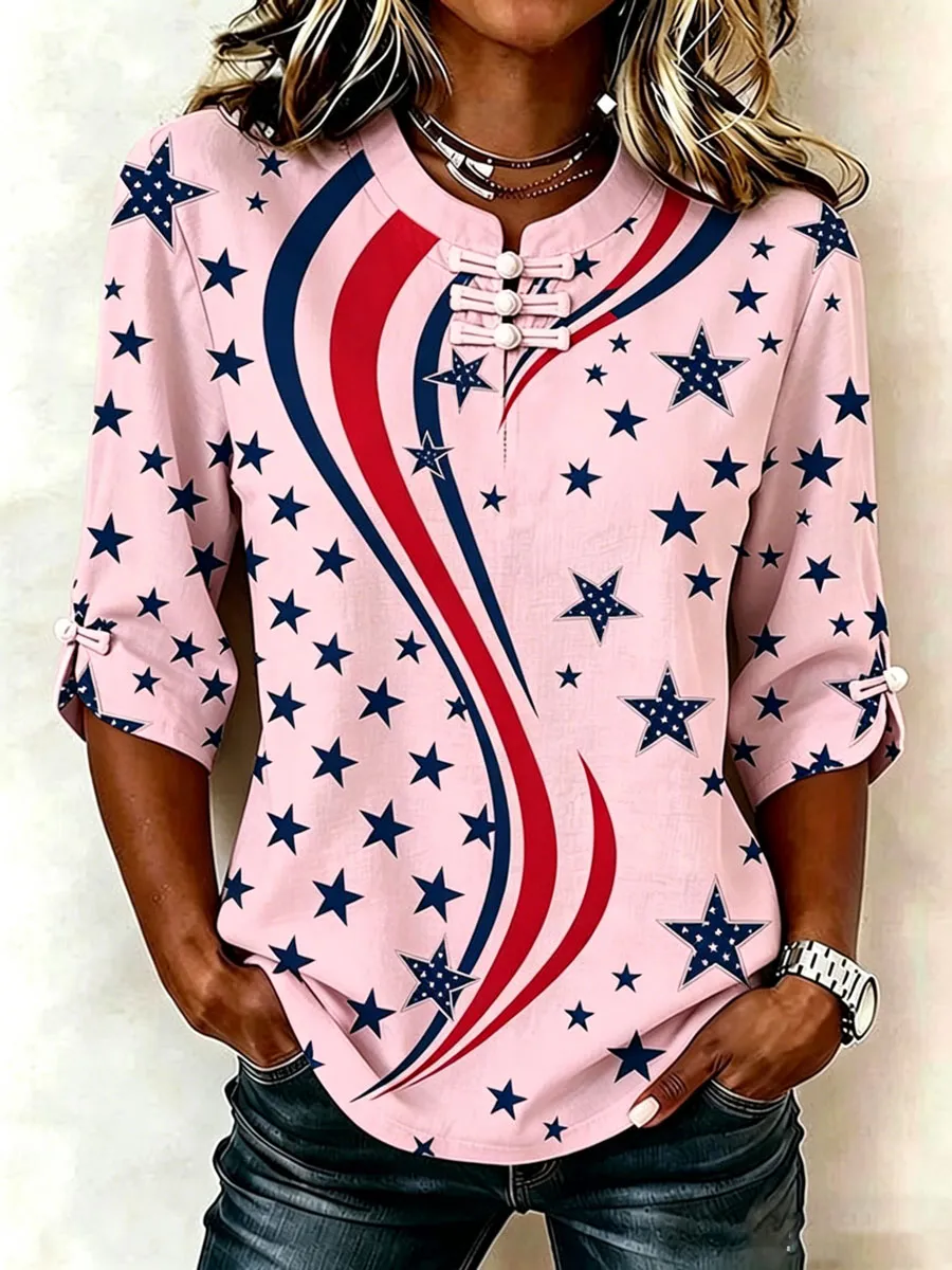 Women's Cotton Linen USA 250th Anniversary Print Shirt