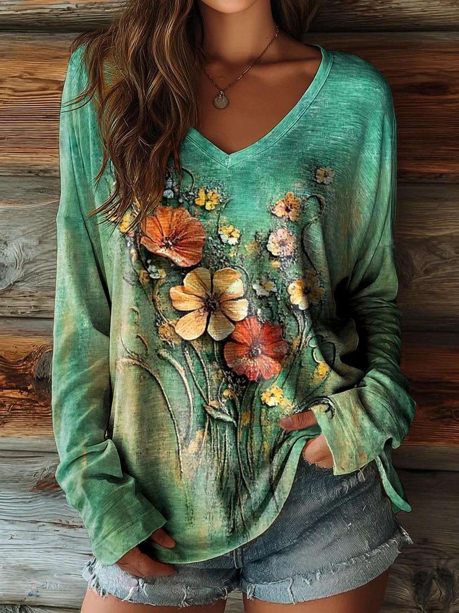 Women's Vintage Floral Art Pattern Print Casual V-neck Long Sleeve T-shirt