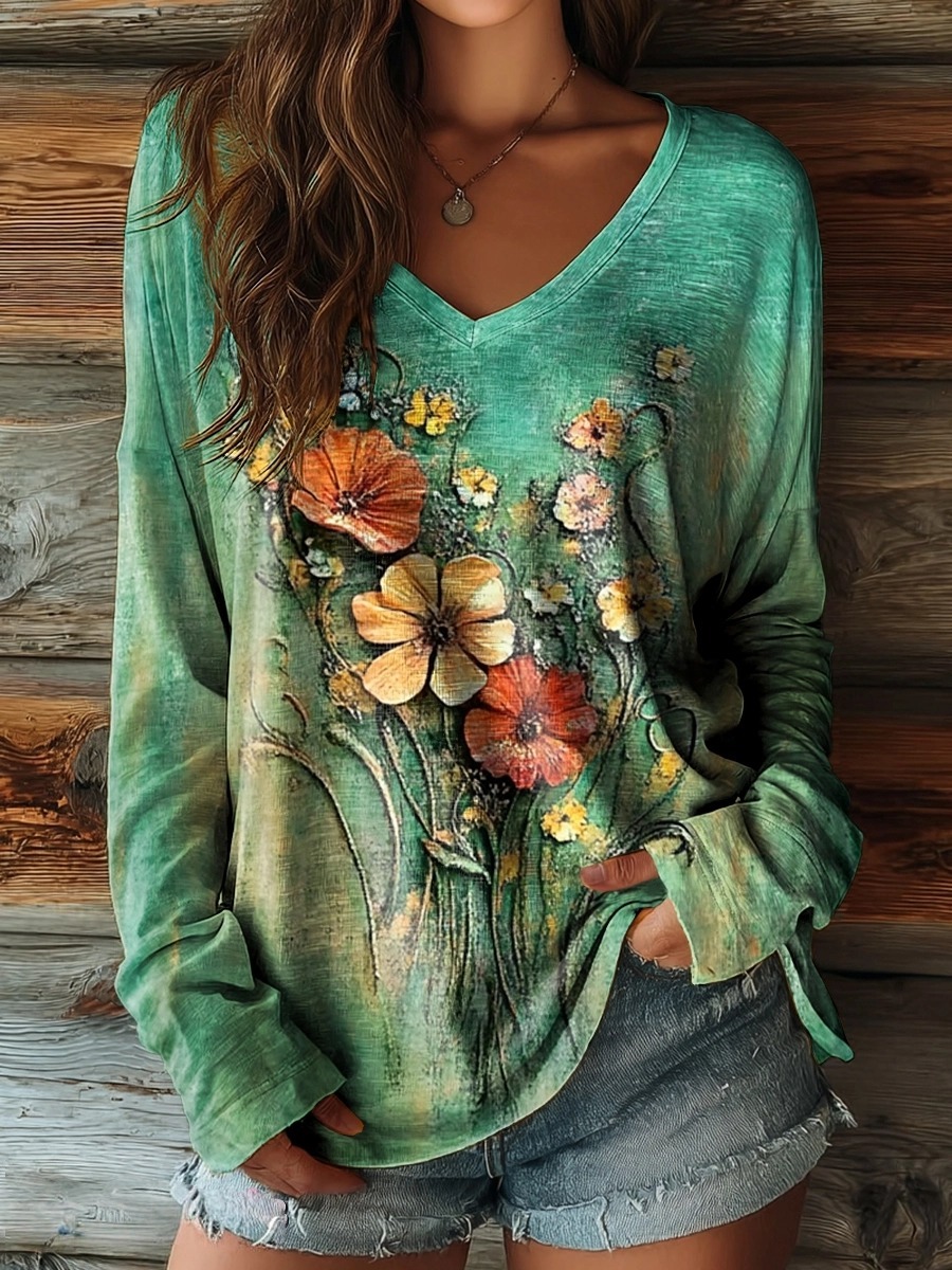 Women's Vintage Floral Art Pattern Print Casual V-neck Long Sleeve T-s