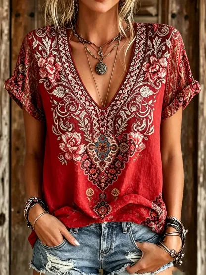 Women's Boho Paisley & Rose Print V-Neck Blouse