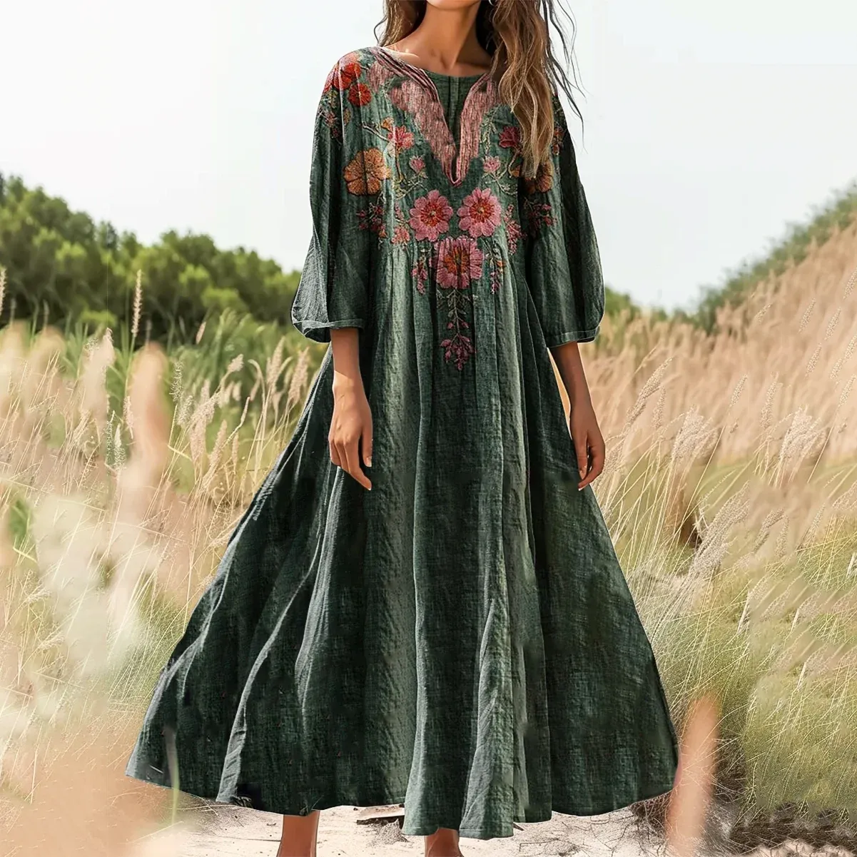 Women's Vintage Floral Pattern Art Print Casual Cotton Linen Shirt