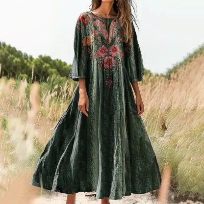 Women's Vintage Floral Pattern Art Print Casual Cotton Linen Shirt