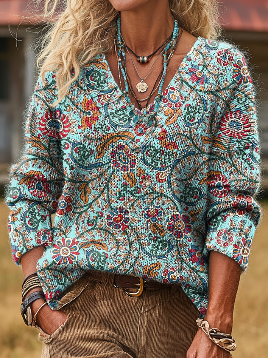 Unisex Retro Ethnic Floral Art Print Casual Long-Sleeve V-Neck Wool Blend Knit Sweater