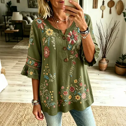 Women's Retro Floral Button Linen T-shirt