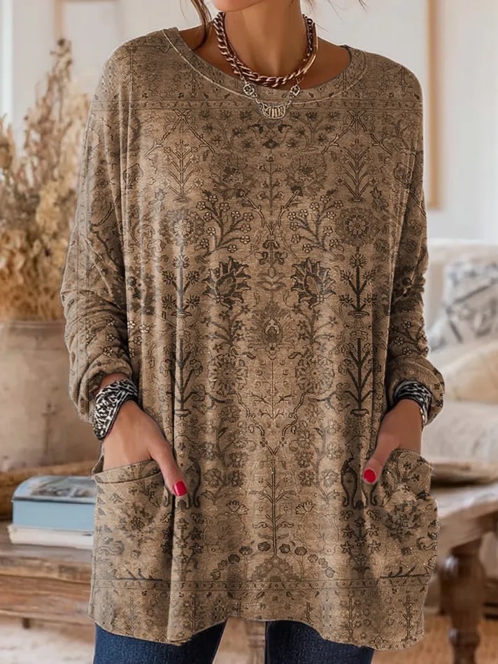 Women's Retro Ethnic Art Print Casual Long-Sleeve Round Neck Cotton T-Shirt