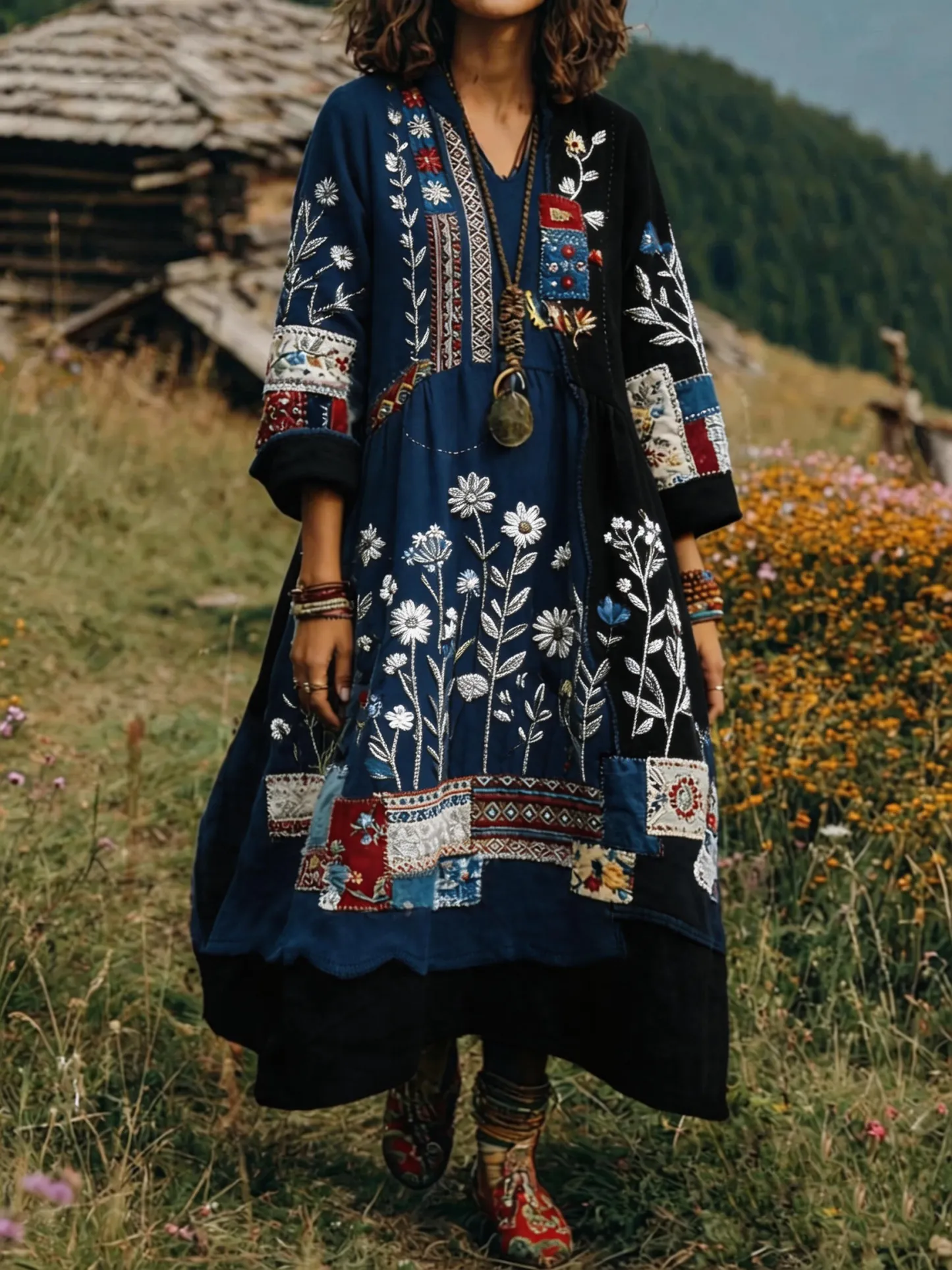 Women's Retro Ethnic Floral Color-Blocked Art Print Casual Long-Sleeve V-Neck Side Pocket Cotton Linen Dress